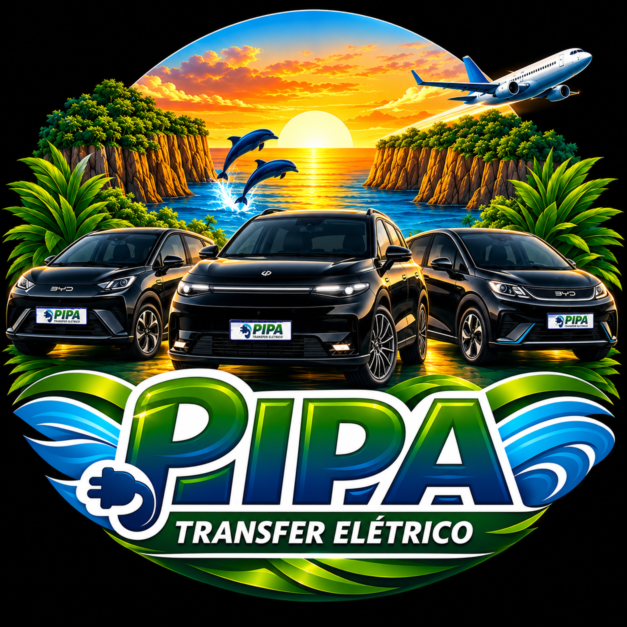 Logo convencional da Pipa Transfer Elétrico com veículos e paisagem tropical
